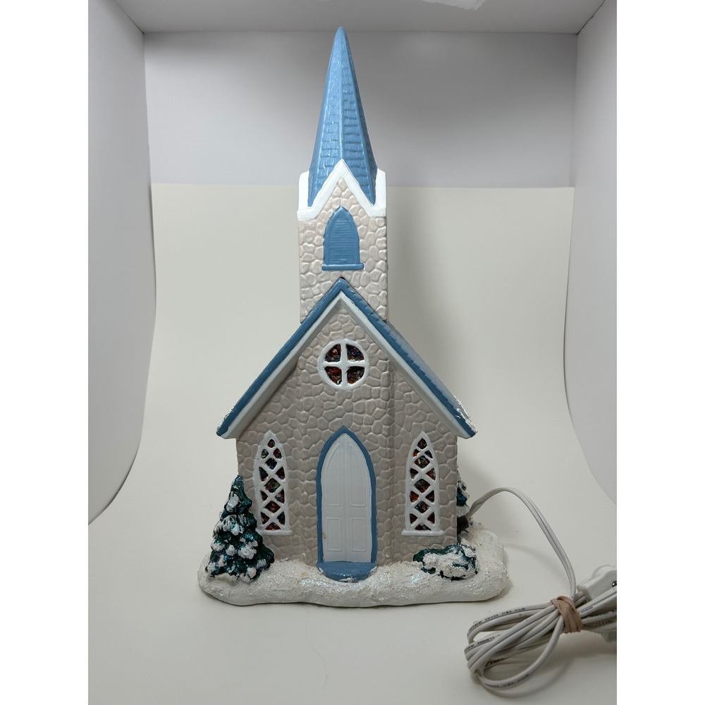 Vintage Ceramic Light Up winter Church Village Blue Steeple Stained Glass Look